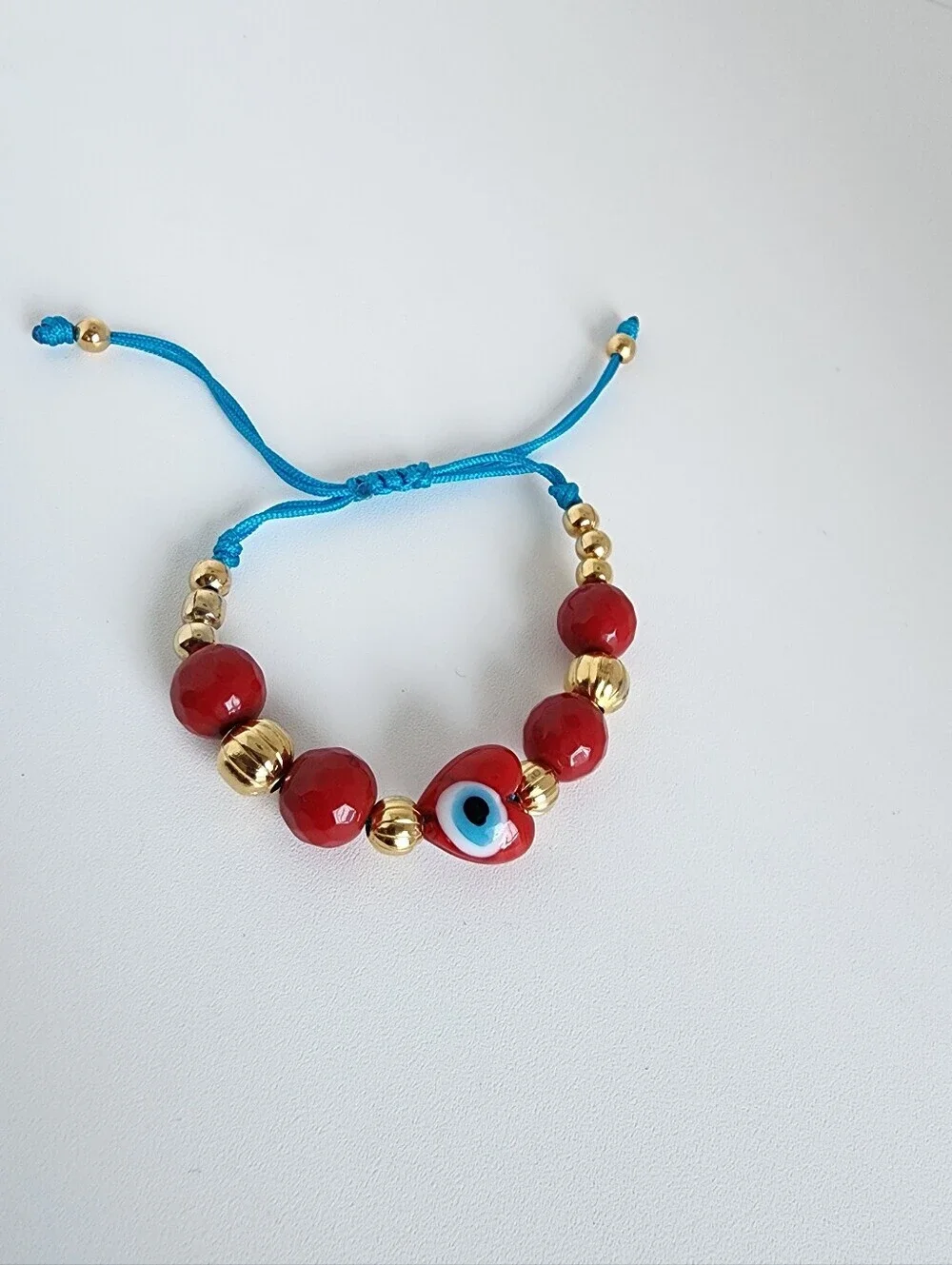 Evil Eye Red Beaded Adjustable Bracelet Gold Tone Boho Chic